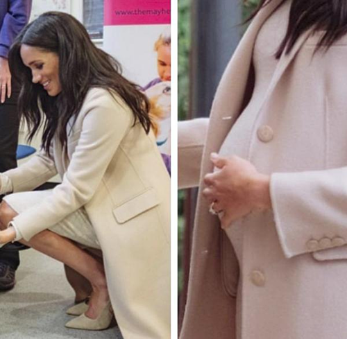 Khoảnh khắc Meghan ngồi xuống gây tranh cãi hồi tháng 1. Tư thế gập bụng của nàng dâu hoàng gia được cho là như người bình thường, không hề khó nhọc. Khi Meghan đứng lên, bà bầu này cũng không tỏ ra nặng nề hay khó khăn dù đi giày cao gót và chiếc bụng bầu thì khá cồng kềnh. Nhiều cư dân mạng tinh ý nhận ra khi Meghan đứng lên chiếc bụng của cô đã bị xộc xệch không căng tròn như ban đầu