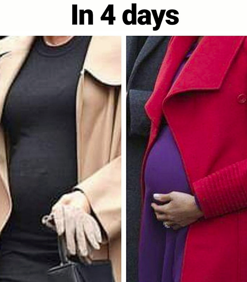 Chỉ trong 4 ngày, hình dáng bụng bầu của Meghan đã nhô ra một cách... khó hiểu.