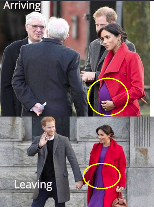 Tại một sự kiện, bụng bầu của Meghan có kích thước to nhỏ khác nhau. 
